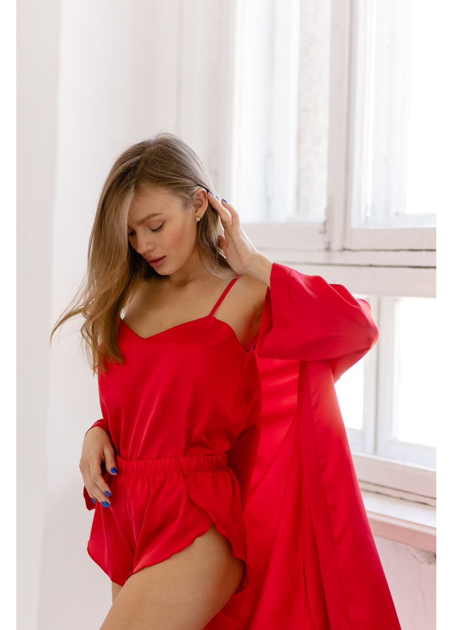 Червоний жіночий шовковий комплект халат шорти та майка s-m червоний No Brand