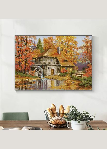 Набір для вишивання за нанесеною на канву схемою "Autumn Water Mill ".AIDA 14CT printed, 75*55 см Joy Sunday (313614678)