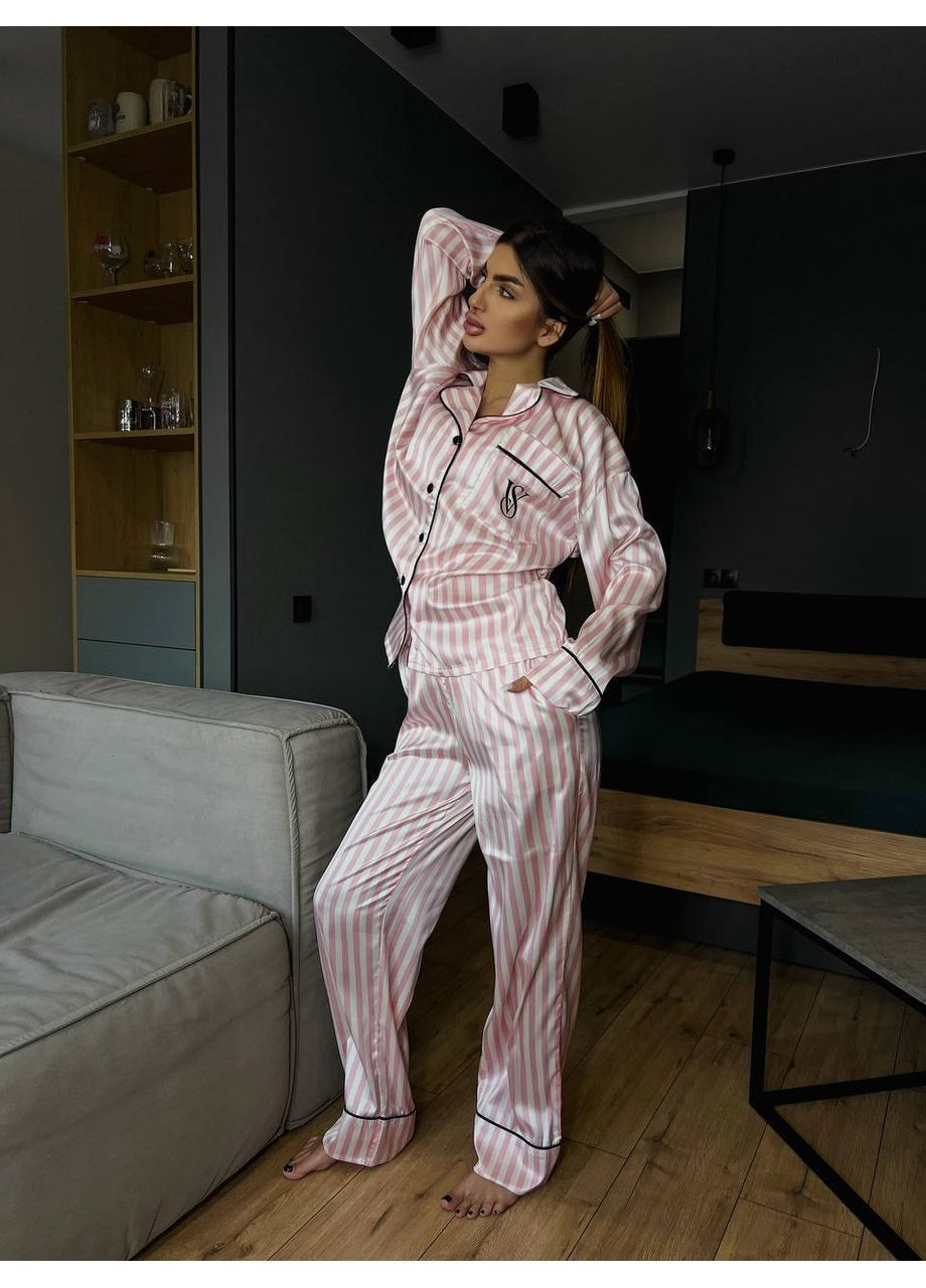 Пудровая женская шелковая полосатая пижама рубашка + брюки Гермес
