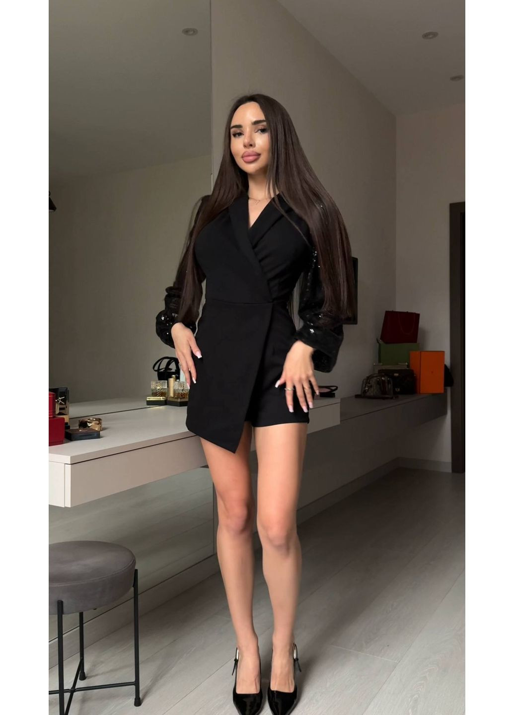 Комбинезон женский елегантный Style Point комбинезон-шорты однотонный чёрный праздничный, кэжуал креп-дайвинг