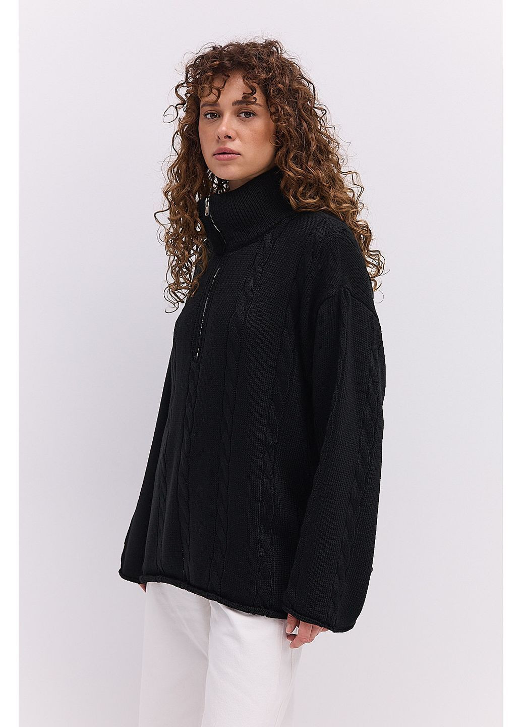 Вязаная женская кофта с воротником на молнии и косичками темно-красная Arjen (364967522)