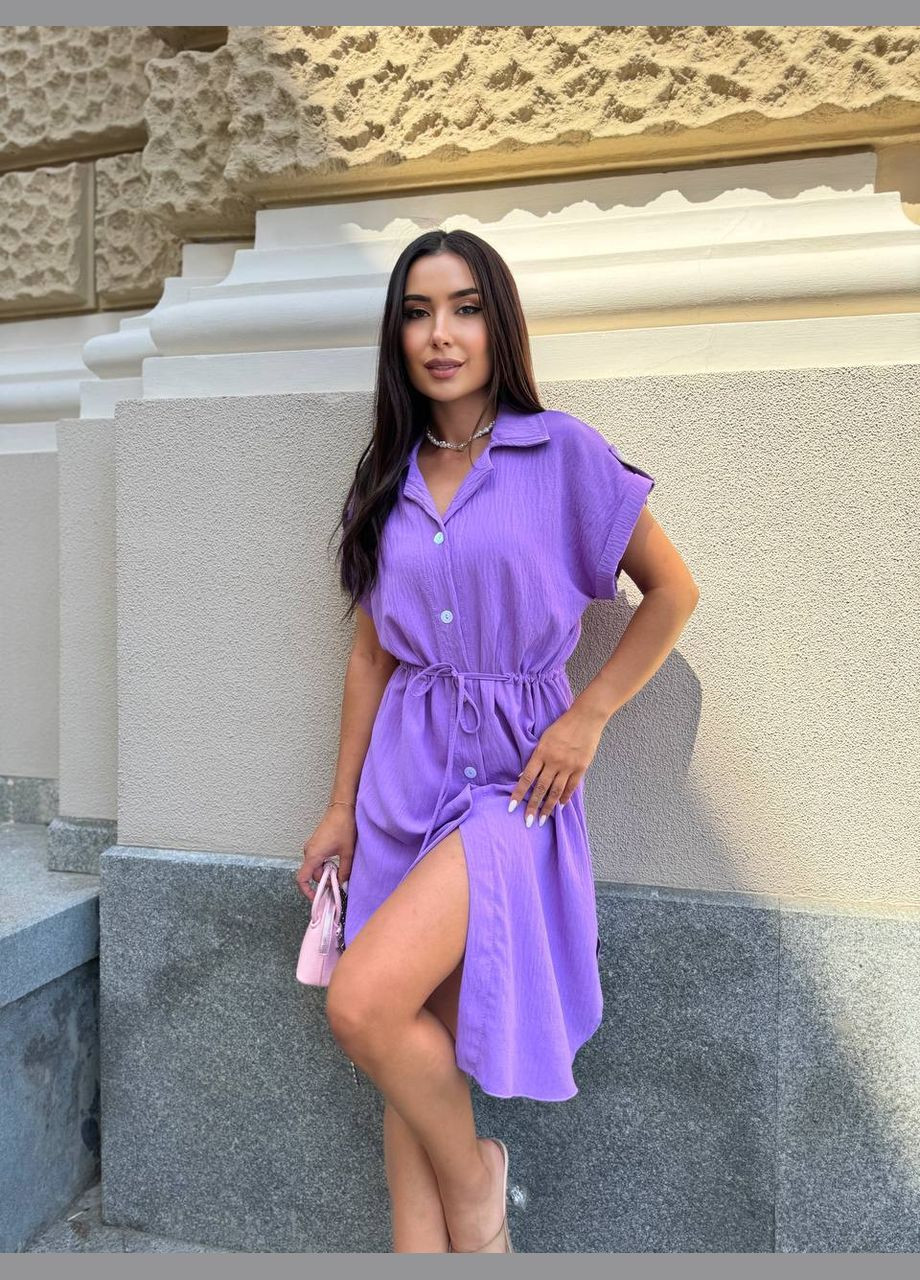 Сиреневое льняное платье на пуговицах Fashion