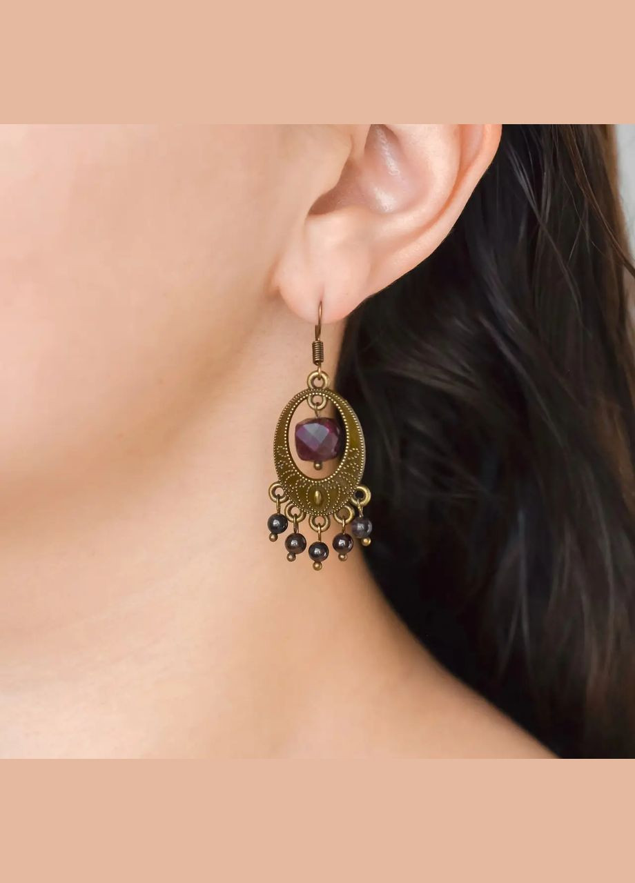 Серьги Ажурные натуральный камень Гранат d-8х4мм+-, фур-ра цвет бронза L-52мм No Brand Підвіски (316324025)