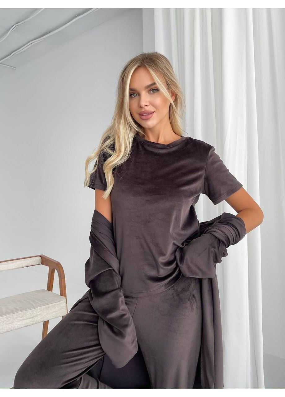 Коричневая всесезон велюровый домашний комплект тройка Fashion