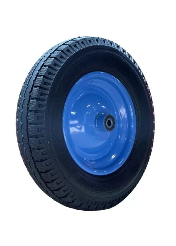 Колесо пневматическое (4х8, 380 мм, 92 мм) черное с голубым диском + ось 12 мм (24386) BLUETOOLS (306823300)