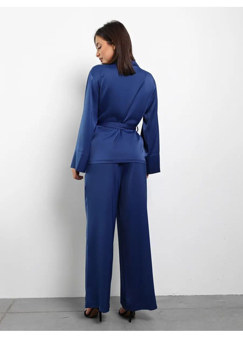 Синяя всесезон атласный пижамный комплект в стиле kimono 3в1 халат рубашка брюки рубашка + брюки No Brand Піжама Kimono чорна