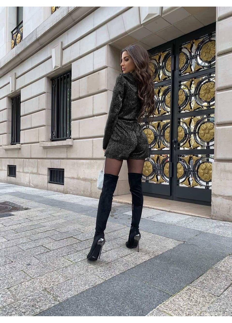 Женский комбинезон No Brand комбинезон-шорты однотонный чёрный праздничный, вечерний, повседневный, кэжуал трикотаж