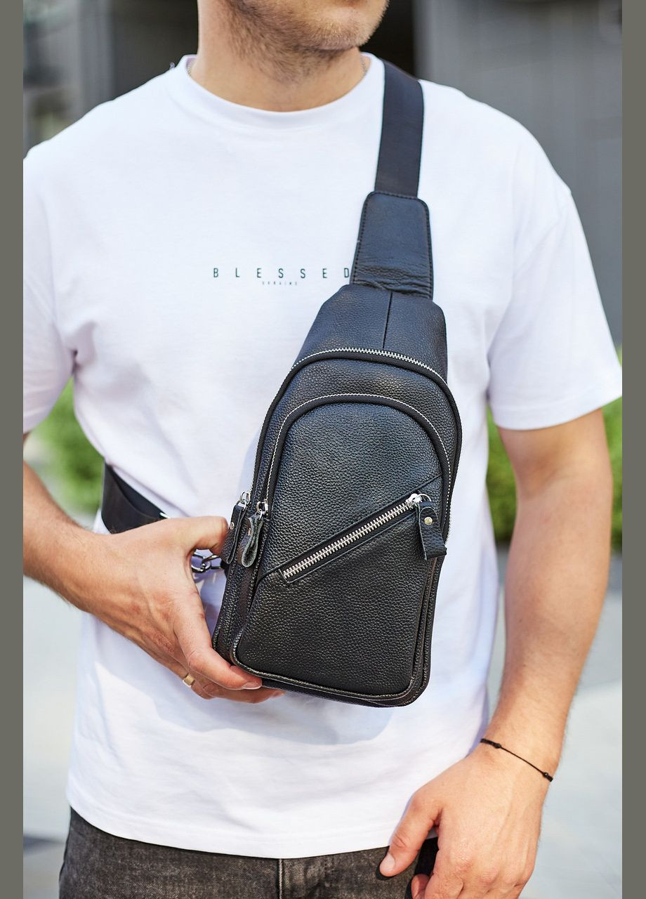 Мужской слинг через плечо кожа черный Tiding Bag (302391004)