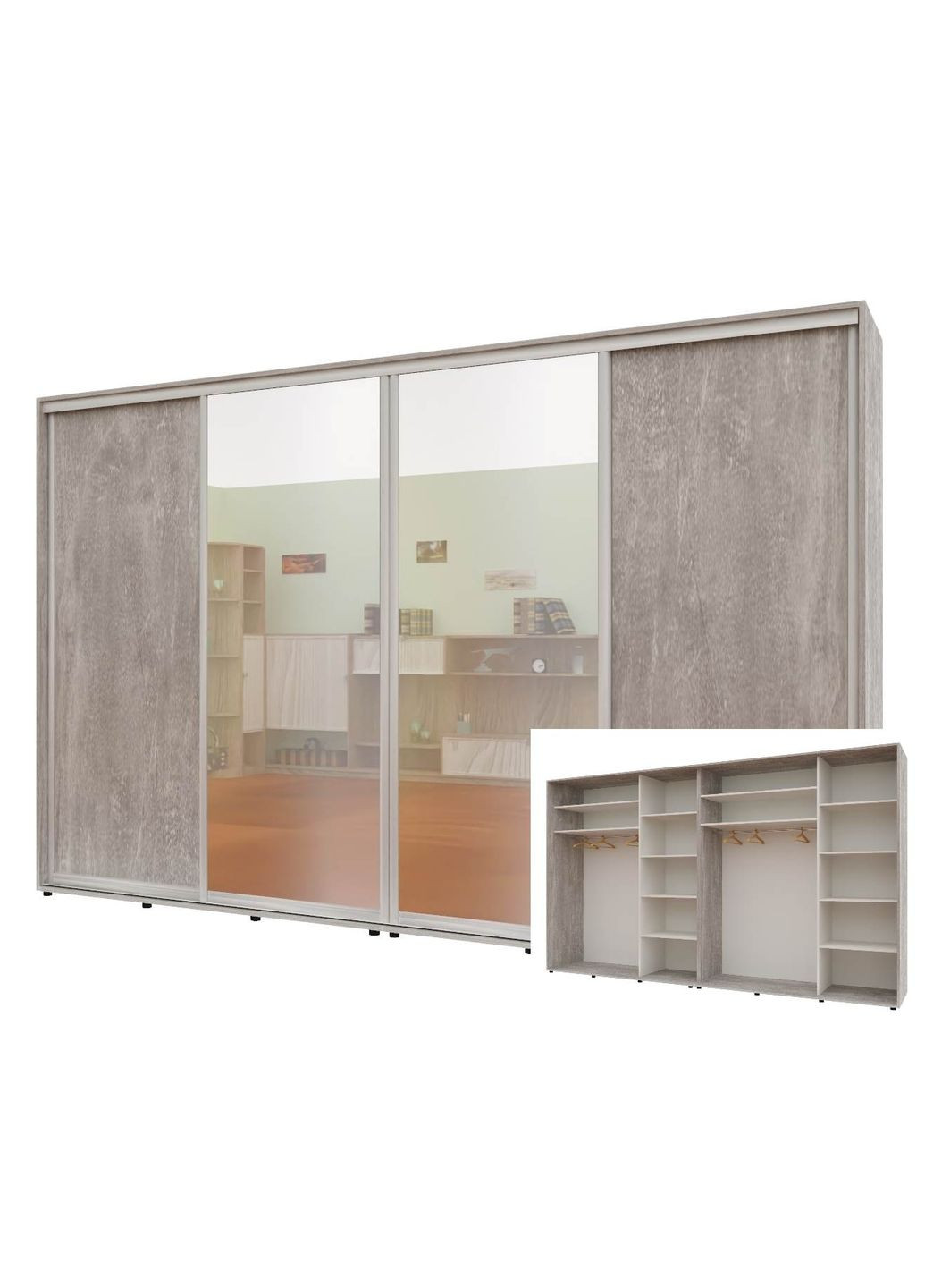 Шафа-купе чотиридверна 380*60*210 см Бетон ДСП + Дзеркало + Дзеркало + ДСП Стандарт Комфорт Меблі (360435842)