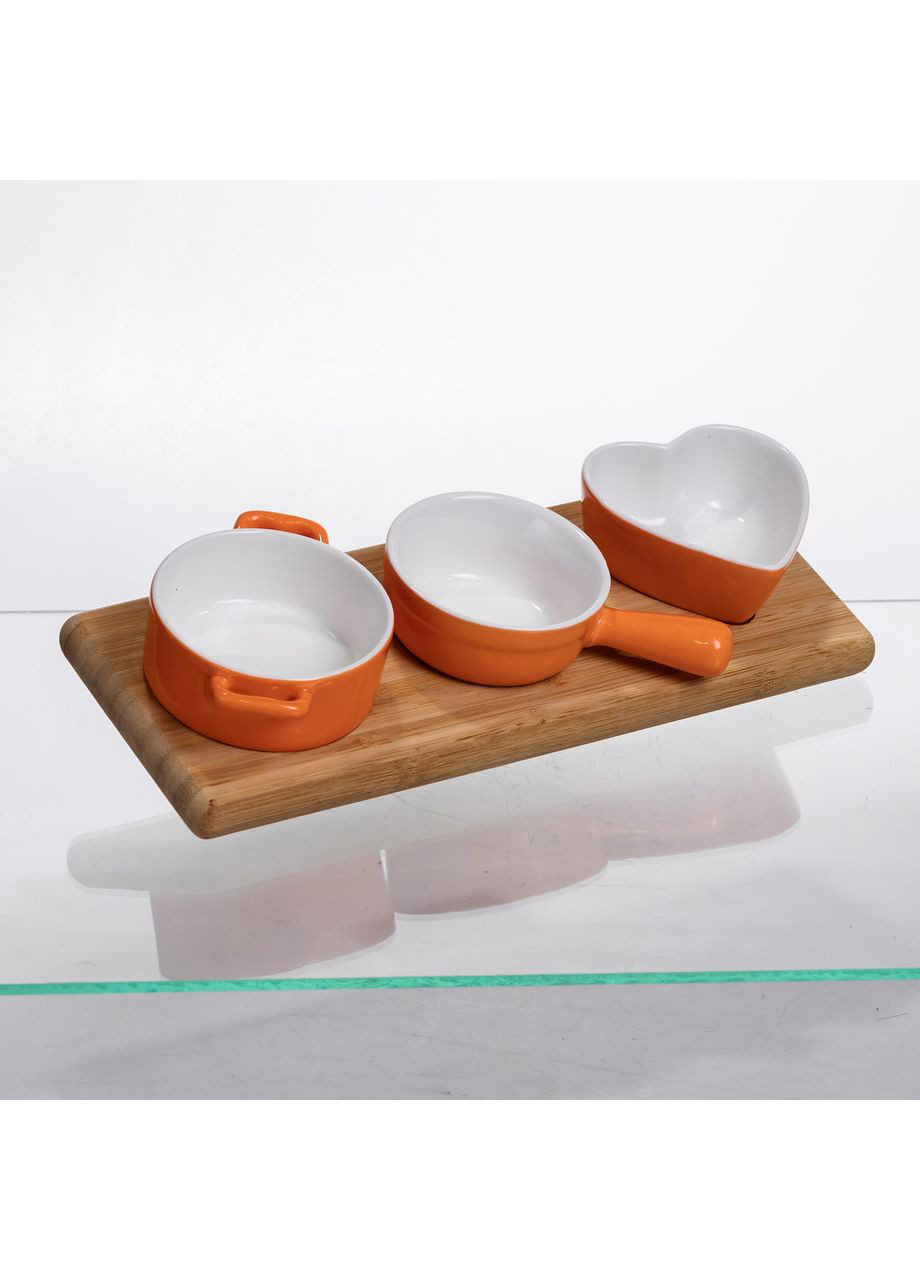 Набір порцелянових менажниц 3 шт помаранчевий на бамбуковій підставці для соусів закусок сервірування контейнери Yiwu (370432874)