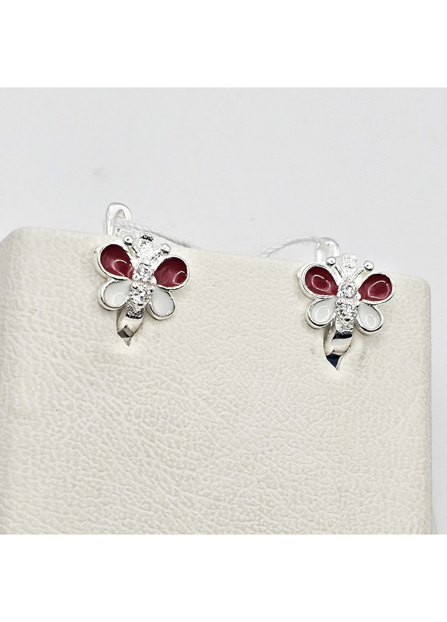 Сережки срібні з ювелірною червоною емаллю й кубічним цирконієм "Метелики" 1,53 г No Brand (369737613)
