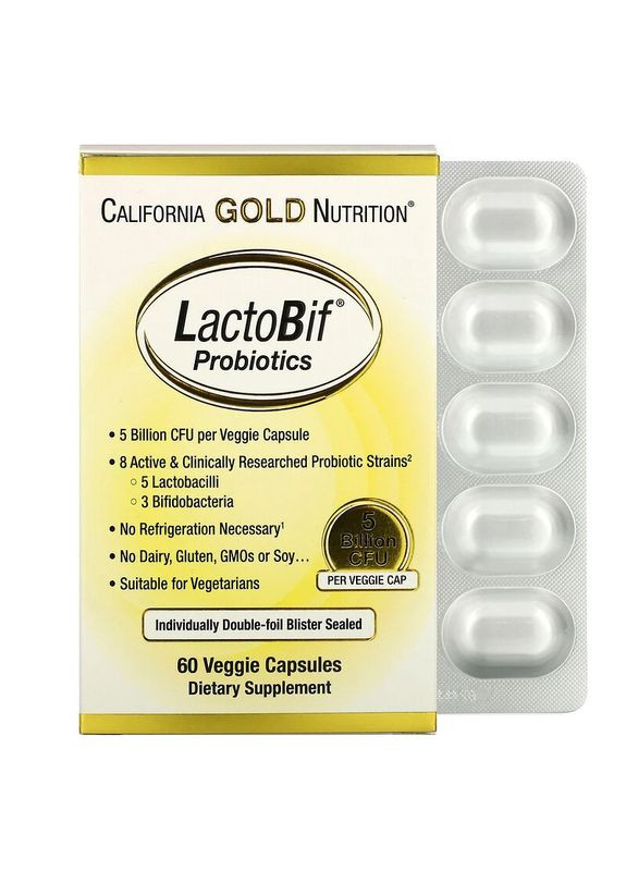 , LactoBif, пробіотики, 5 млрд, 60 рослинних капсул California Gold Nutrition (263517335)
