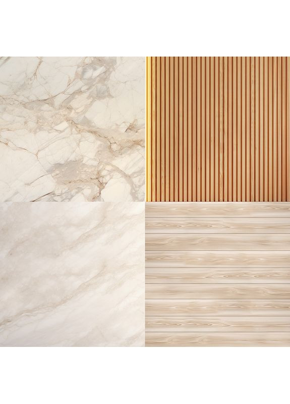 Кутовий вініловий фотофон 3D, мармурова стіна з рейками, підлога бежевий мармур і світле дерево, 80×80 см, №58336 PhotoVinyl (354358548)