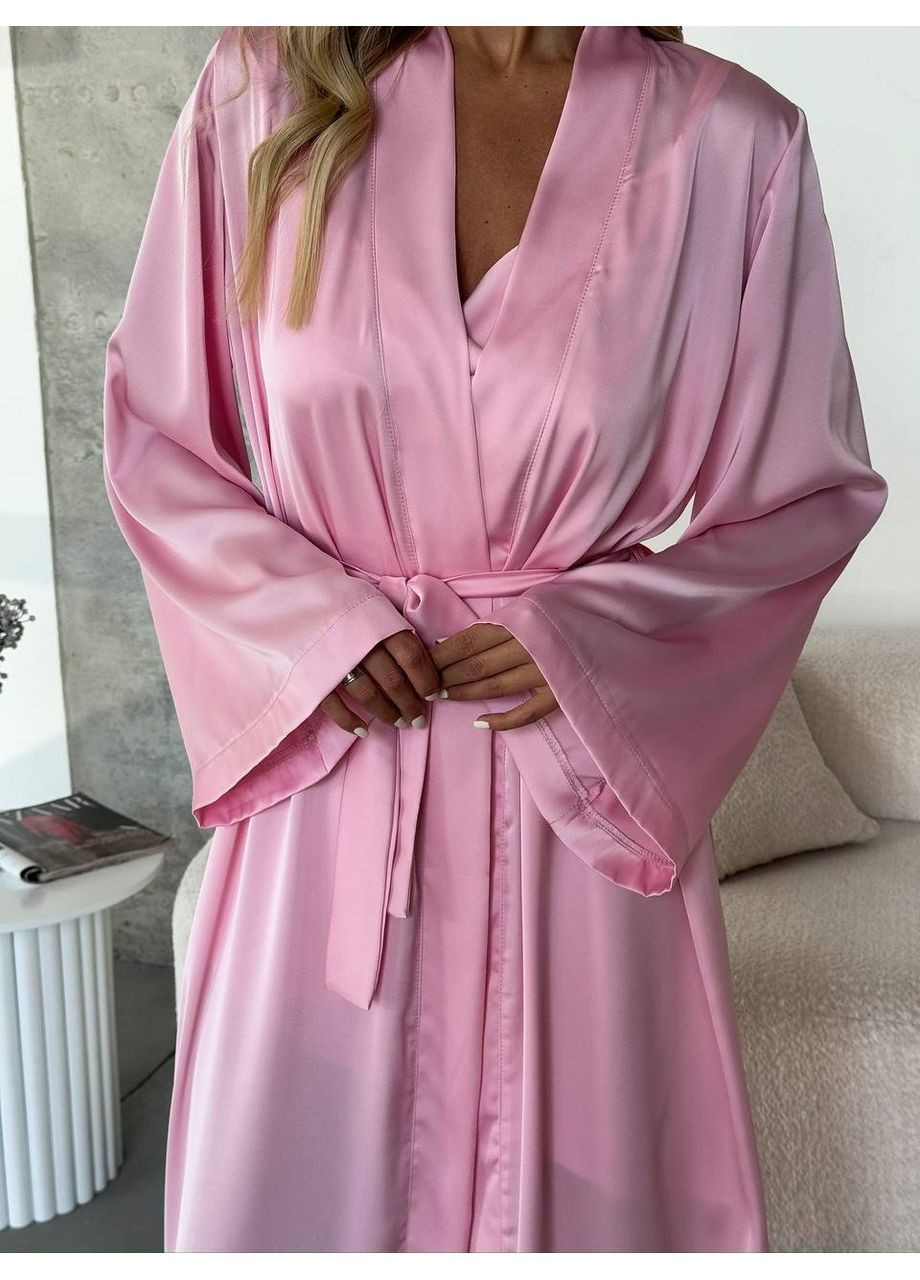 Розовый комплект ночная рубашка + халат из шелка армани Україна