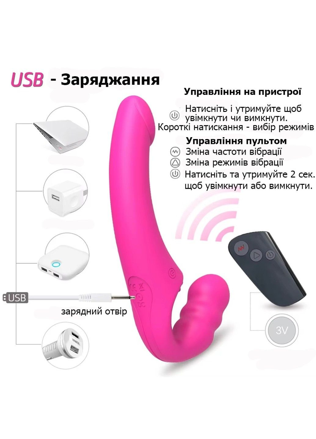 Безременевий рожевий страпон з вібрацією та дистанційним керуванням Slimline (305074862)