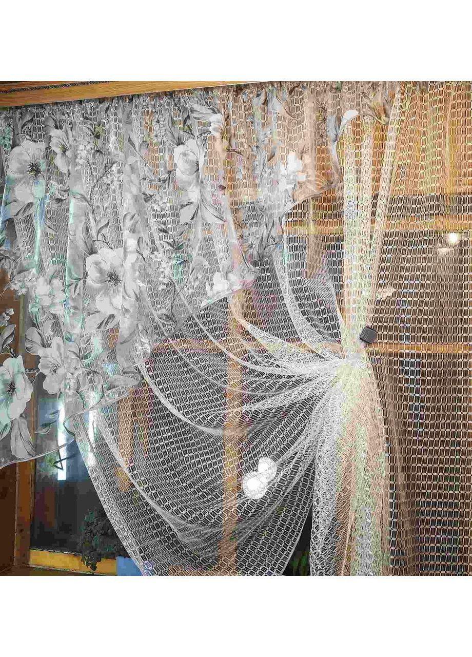 Фіранка коротка готова Фаїна молочна яблуневий цвіт сірий ліва No Brand (372133986)