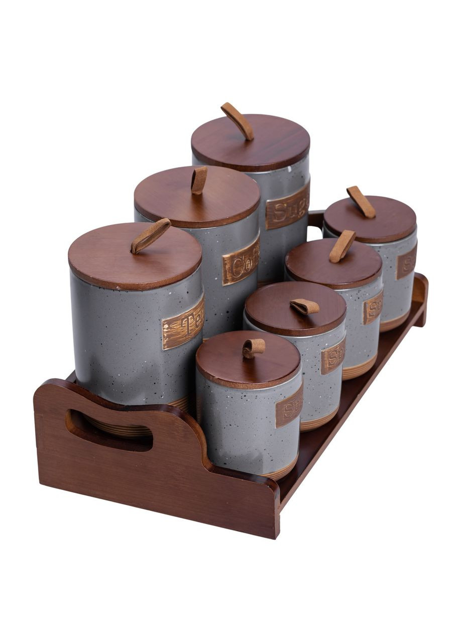 Банки для сипучих продуктів набір 9 штук на бамбуковій підставці з кришками 36.5×20.5×22 см Сірий HP-26-2G Yiwu (370800439)