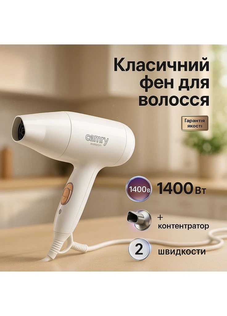Фен CR 2257 1400Вт 2 рівні потужності Концентратор Підвісна ручка Тиха робота Camry (398214269)