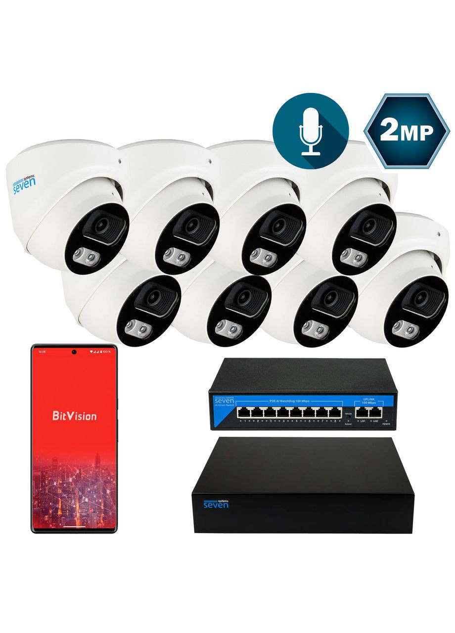 Комплект відеоспостереження на 8 купольних 2 Мп IP-камер SEVEN IP-7212W8-2MP SEVEN Systems (369609810)