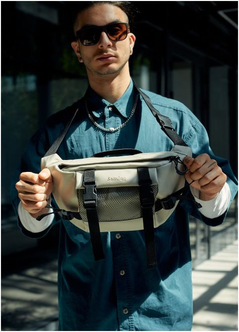 Велика чоловіча поясна сумка бананка з екошкіри Світло-сіра (863038721) Sambag (361244827)