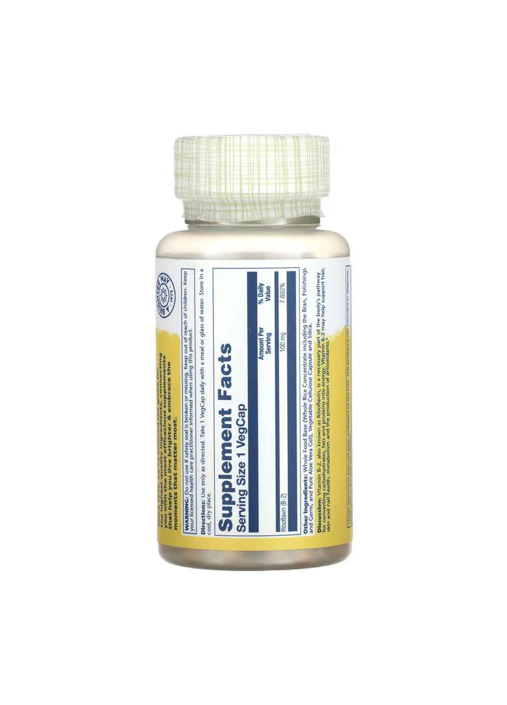 Витамин B2 для здоровья глаз 100 мг 100 капсул Рибофлавин растительные капсулы Solaray (367957455)