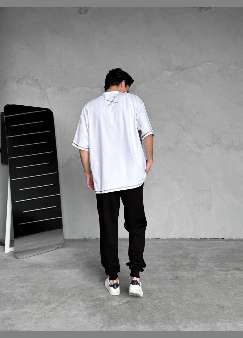 Чорно-білий літній костюм оверсайз штани + футболка з чорними швами брючний Vakko