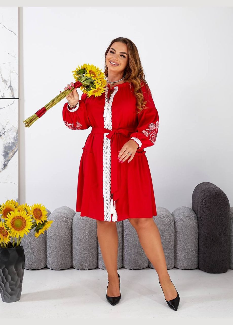 Красное повседневный, праздничный, вечернее вышитое платье клеш, а-силуэт Garna однотонное