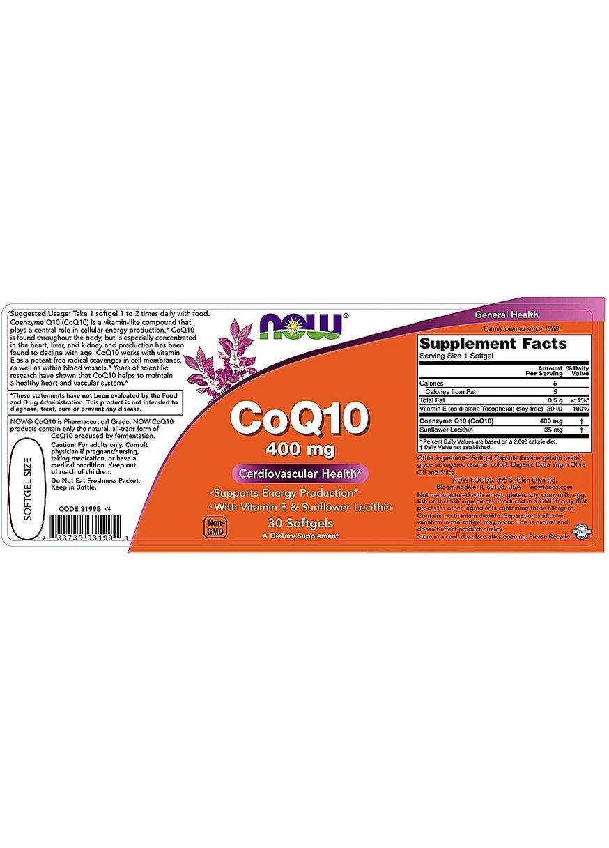 Коензим Q10, 400 мг, 30 гелевих капсул CoQ10 With Vitamin E + Lecithin 30шт (872343-35033285) Now Foods (368642296)