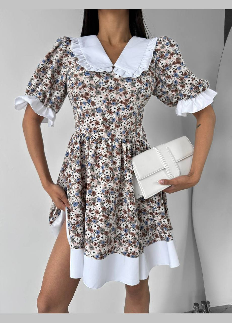 Молочное праздничный, кэжуал женское платье FINO Mode с цветочным принтом