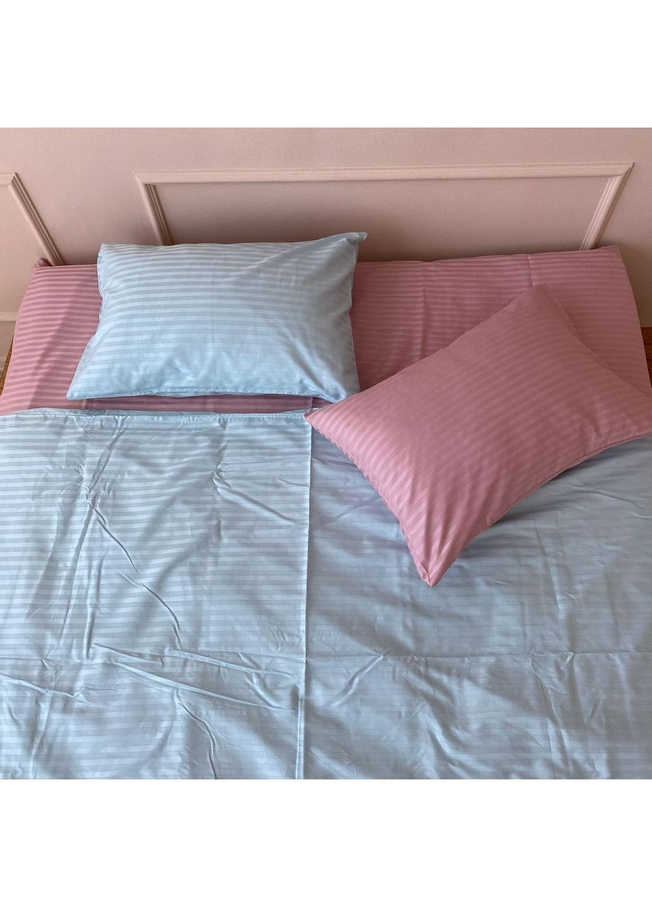 Постельное белье с резинкой Пудра + лазурная страйп сатин PREMIUM Двуспальный размер, наволочки 70/70 No Brand (364218964)