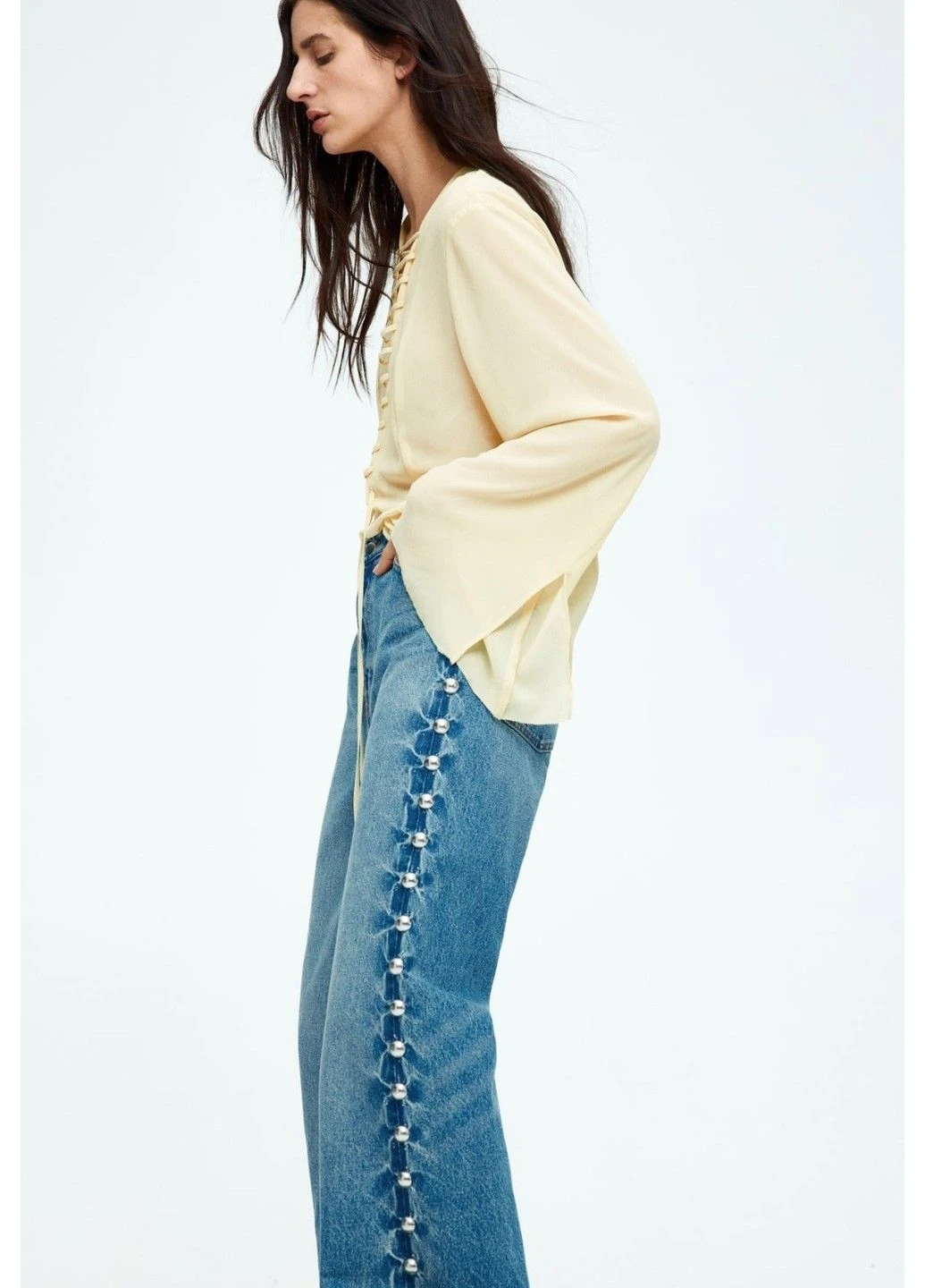 Жіноча шифонова блузка на шнурівці Н&М (58223) XS Жовта H&M (323765720)