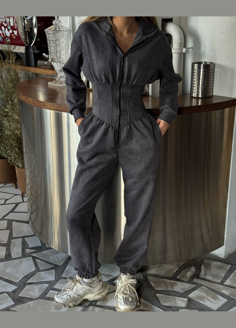 Трендовий комбінезон з імітацією корсету на талії Vakko комбінезон-брюки однотонний графітовий спортивний, повсякденний, кежуал дайвінг, штучна замша