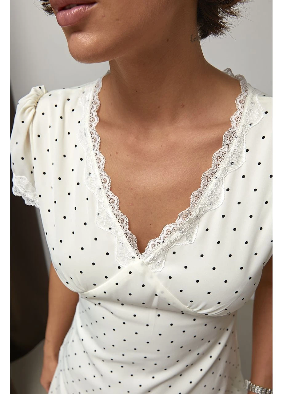 Молочна коротка сукня в горох з мереживом Lurex