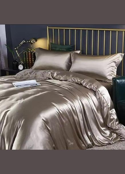 Атласне Полуторне Кавове Bubble tea постільна білизна + Бронзові наволочки 50*70 см 150х210см Moka textile (308071708)