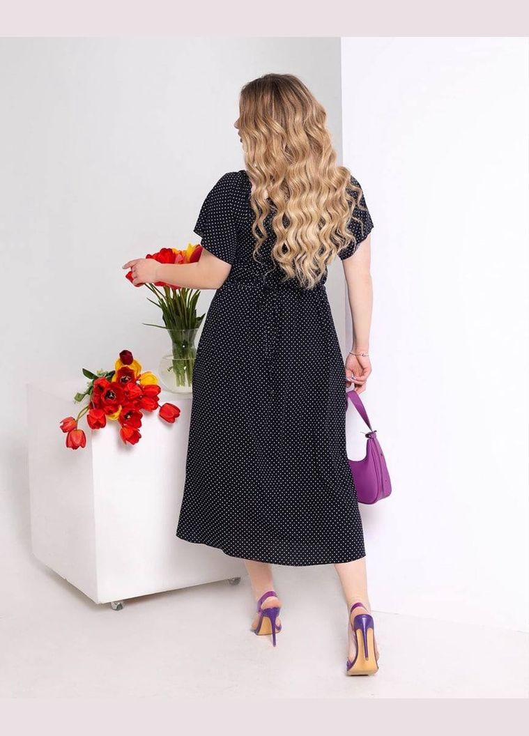 Черное нежное летнее платье больших размеров из мягкой хорошо продуваемой ткани, черное батальное платье в точечку на шнуровке сзади No Brand