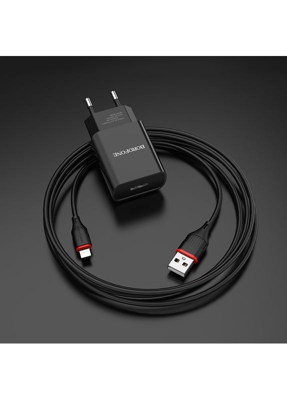Мережевий зарядний пристрій з кабелем charger set(Lightning) 10.5W Black (6931474702128) Borofone BA20A Sharp single port (361346951)