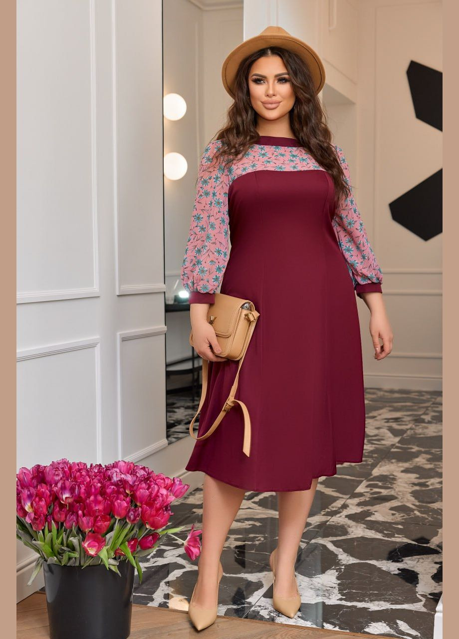 Бордовое женское комбинированное платье цвет марсала р.48/50 451107 New Trend