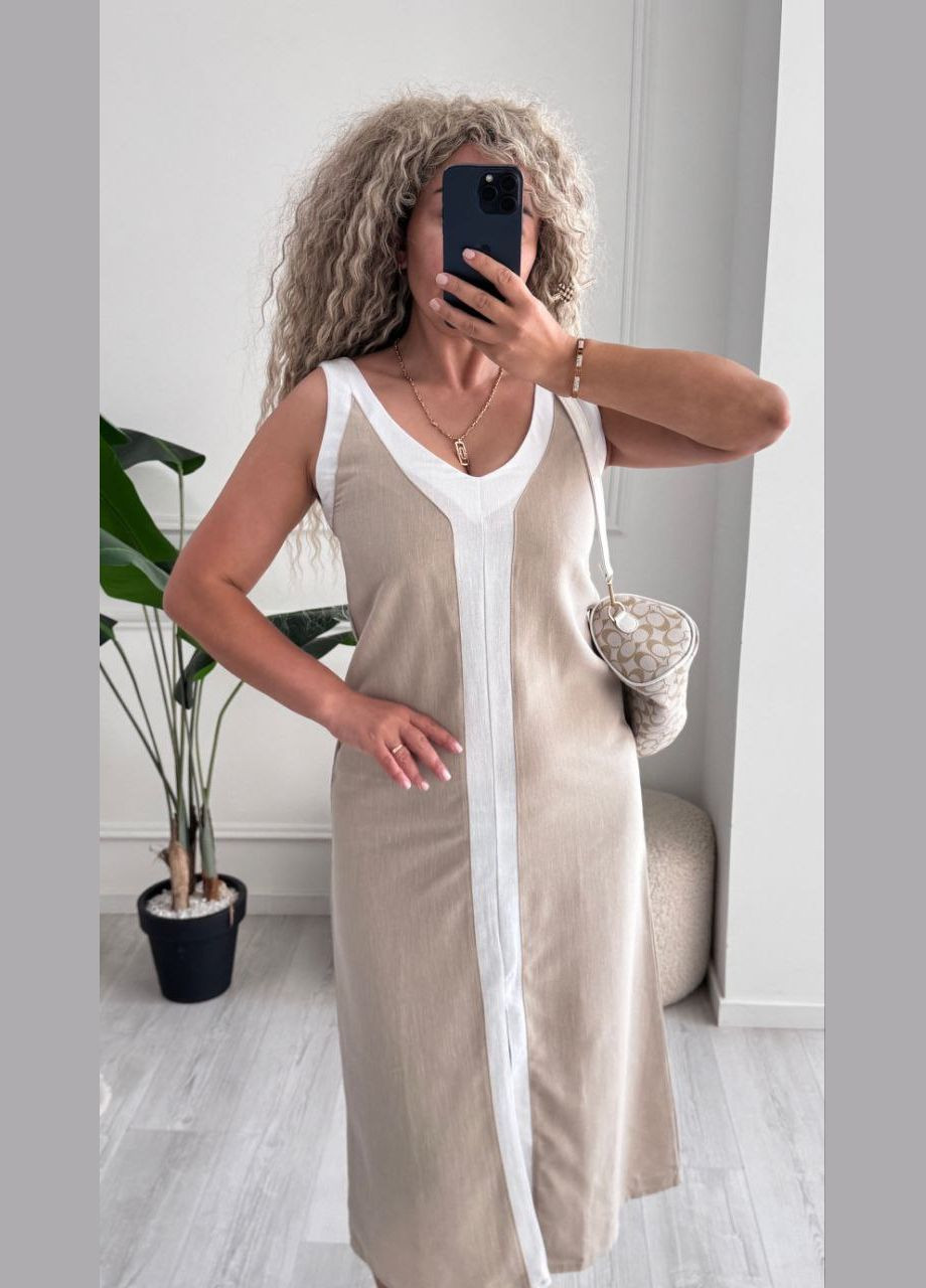 Бежевое льняный сарафан Garna однотонное