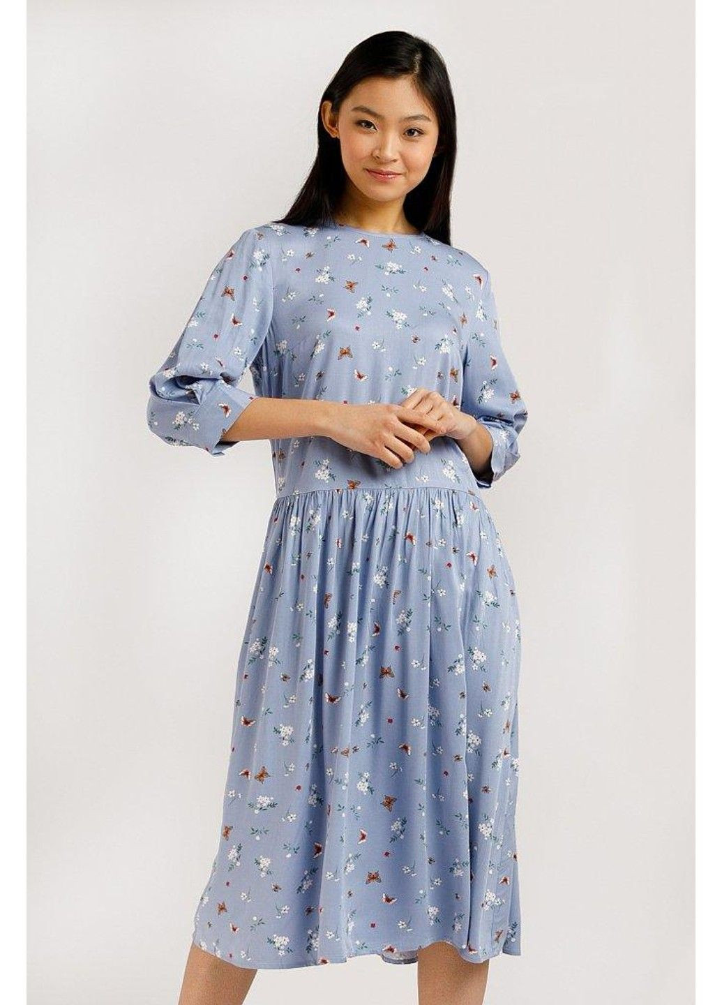 Голубое кэжуал платье b20-12052-138 с юбкой-солнце Finn Flare с цветочным принтом