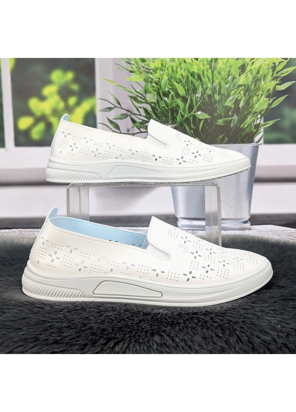 Белые мокасины женские летние эко-кожа с перфорацией Dual