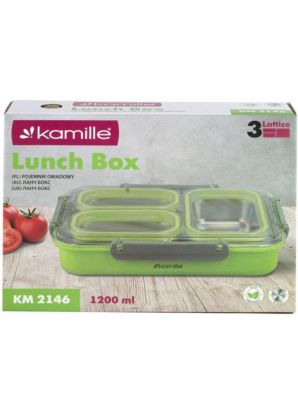 Ланч-бокс Snack на 3 секции, пластик и нержавеющая сталь 27х19х5 см Kamille (289364246)