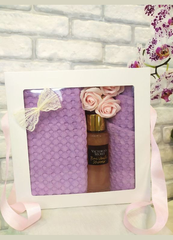 Подарунковий набір для жінки набір рушникив вафельних, тюрбан Victoria's Secret та мильні квіти лаванда (5743-2178) No Brand (301035415)