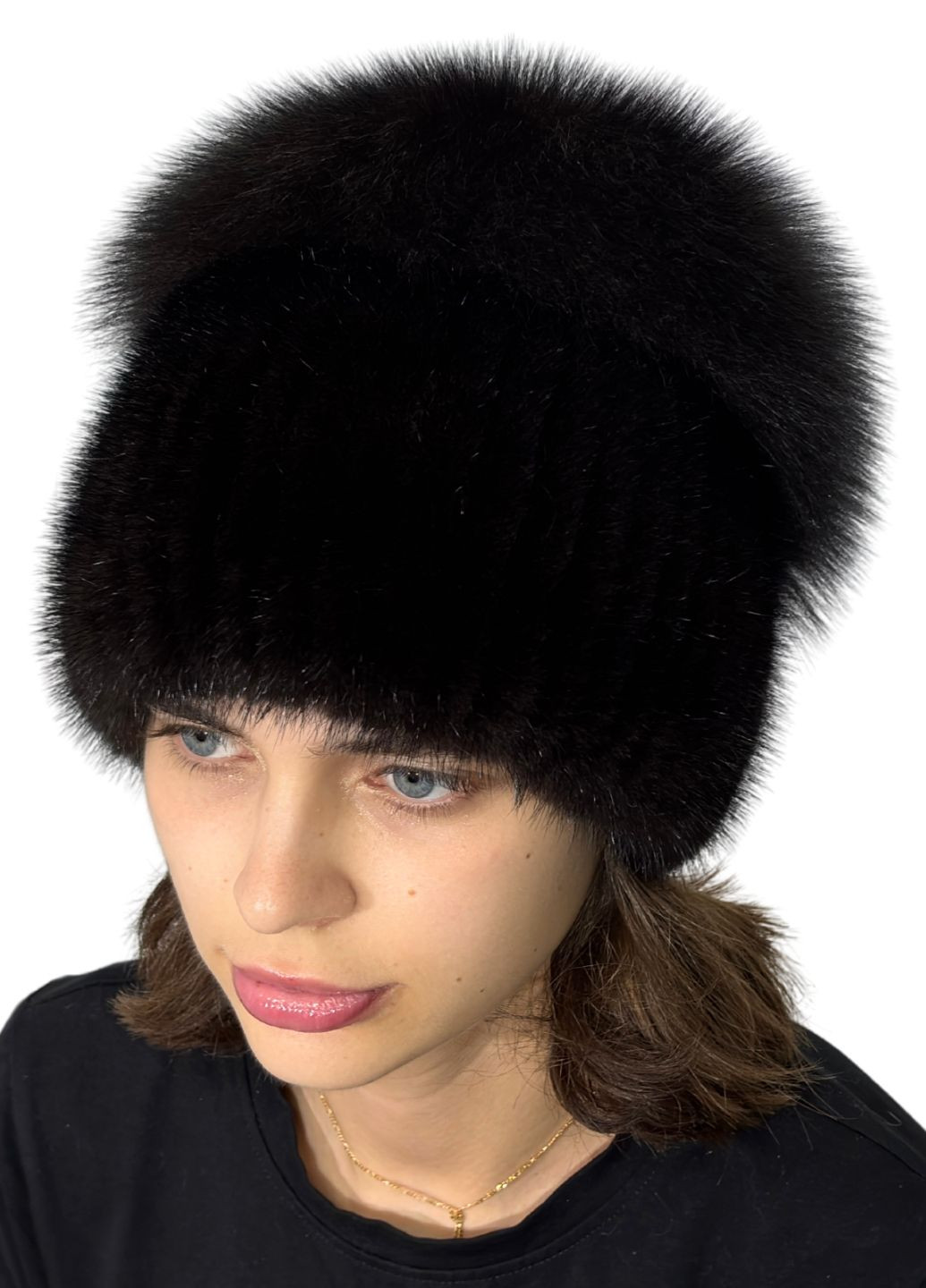 Жіноча норкова шапка на в'язаній основі з помпоном з хутра песця Меховой Стиль Перо (355802036)