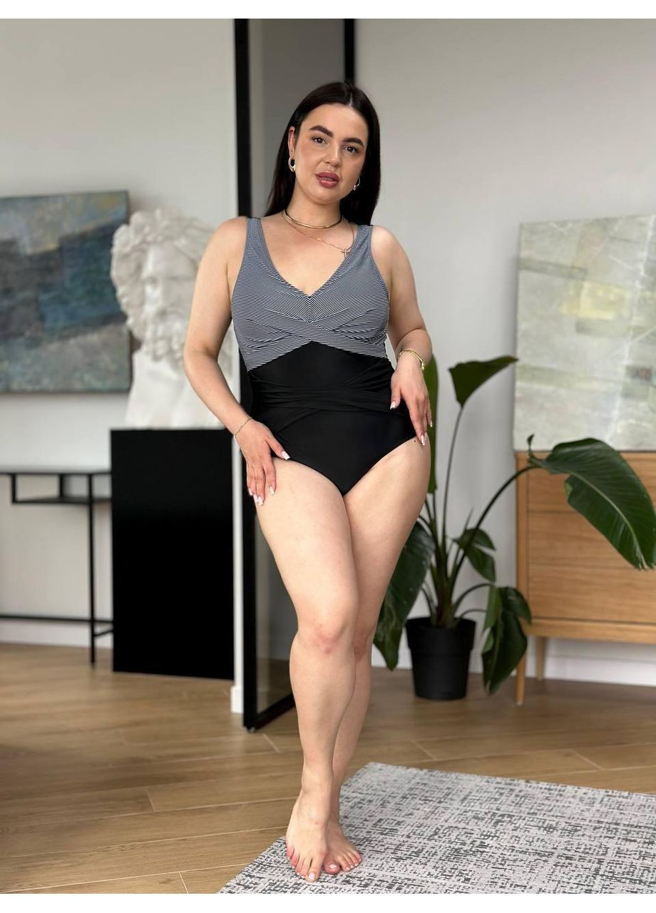 Черный летний женский сплошной купальник плюс сайз серый верх низ / женский купальник больших размеров с перекрестком на талии No Brand