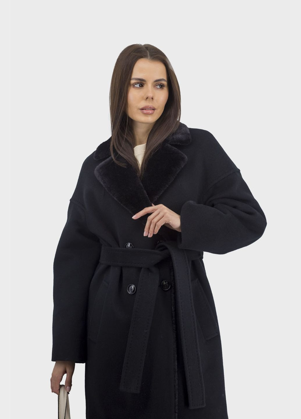 Коричневое зимнее Длинное шерстяное пальто с меховым декором и английским воротником Stella Polare(, ), 26739 No Brand