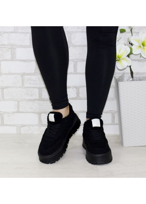 Зимние женские замшевые кроссовки Тедди Fashion чёрные зима (370877882)