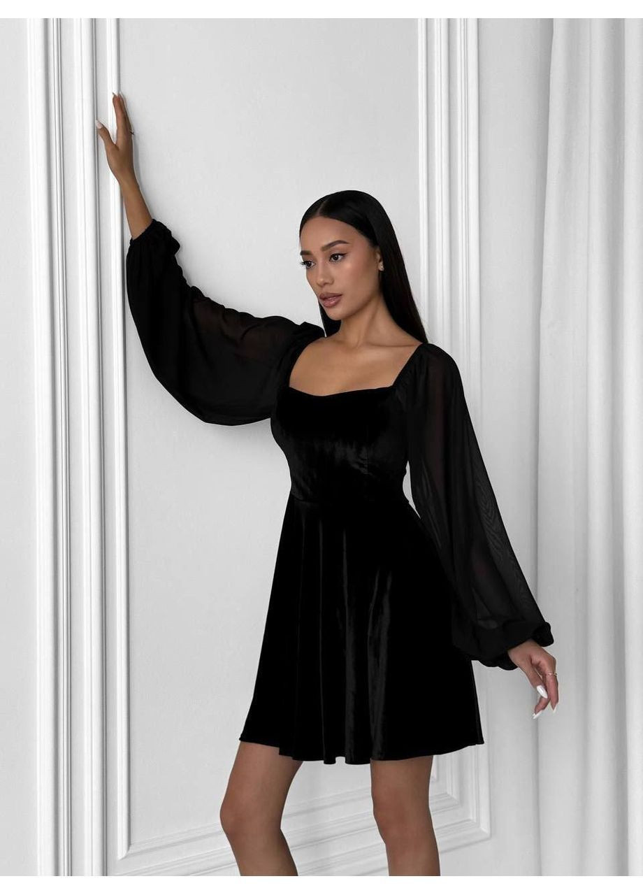 Черное повседневный, вечернее, кэжуал, деловое женское платье с шифоновыми рукавами клеш No Brand однотонное