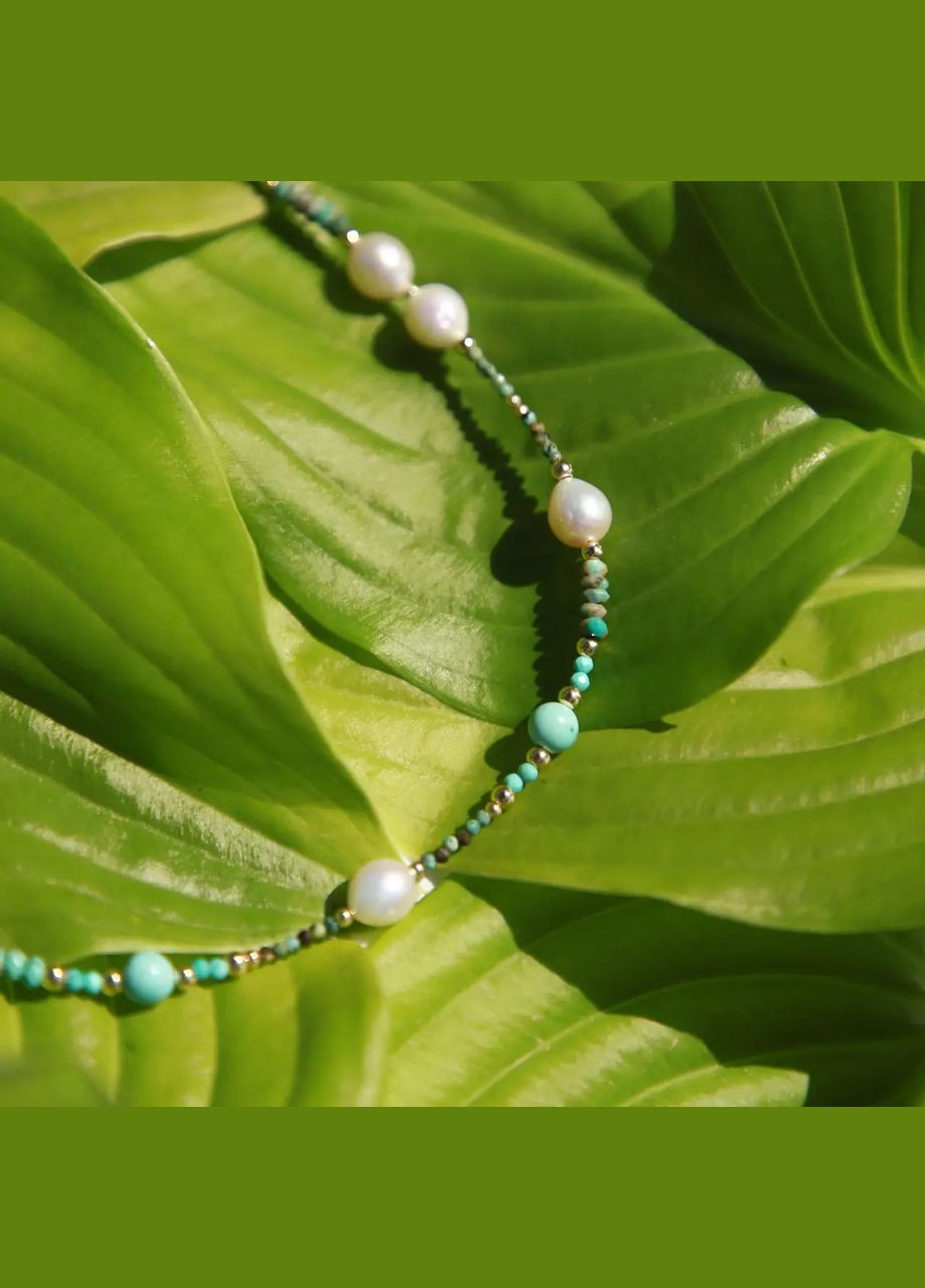 Чокер натуральний камінь Бірюза + Перли, фур-ра гіп-ний сплав колір золото d-7-1,5мм+- L-38-43см No Brand перли (культивовані), бірюза латунь золото (302899928)