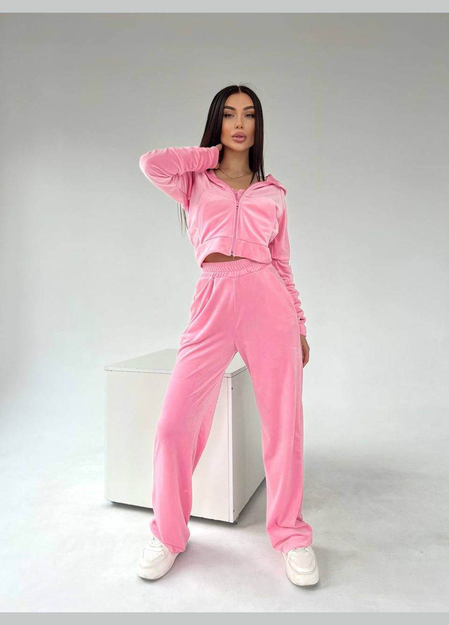 Элегантный розовый костюм тройка из плюшевого велюра, очень мягенький, тёплый и приятный к телу костюм 3-ка (топ+кофта+штаны) No Brand 671-2 (301842415)