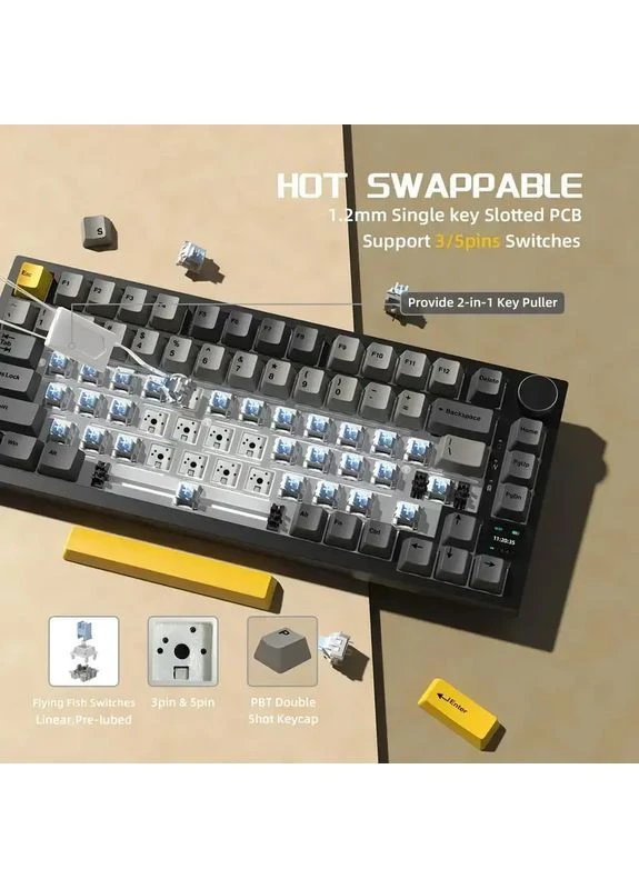 Клавіатура для геймінгу (RGB, Gift Switch, 75%, Black Gray Yellow, трі-режим) Ajazz AK820 PRO (392107951)